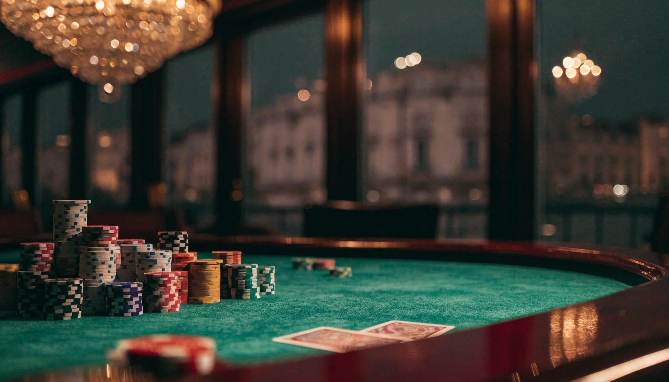 Elegantni kazino stol za baccarat s žetonima i kartama