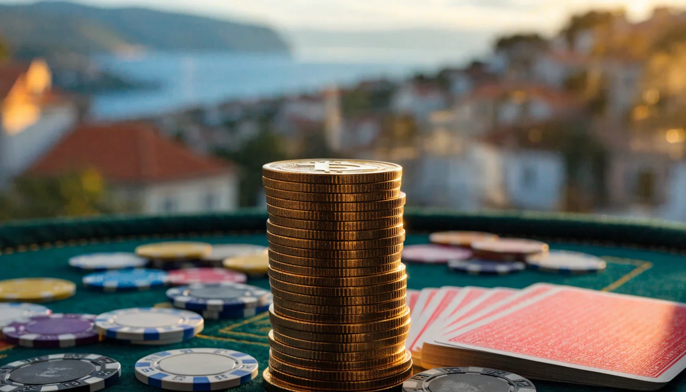 Zlatni Bitcoin novčići, kockarnički žetoni i karte na stolu s mediteranskim ugođajem