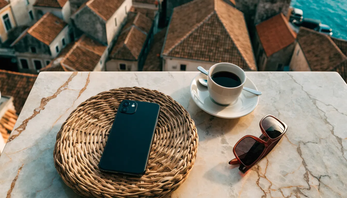 iPhone na stolu uz kavu s pogledom na jadransku obalu
