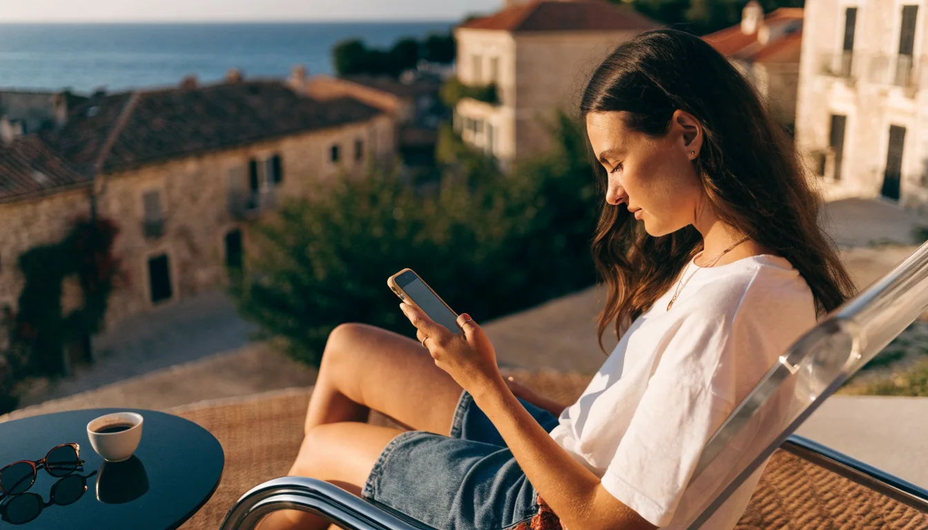 Žena na terasi uz mobitel uz jutarnju kavu