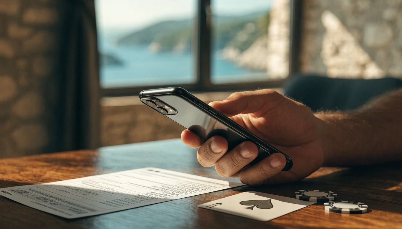 Dlan s telefonom, žetoni i bankovni izvod na stolu