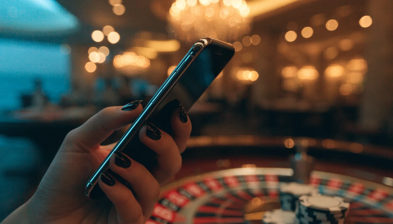 Ruka drži pametni telefon uz pozadinu elegantnog casina