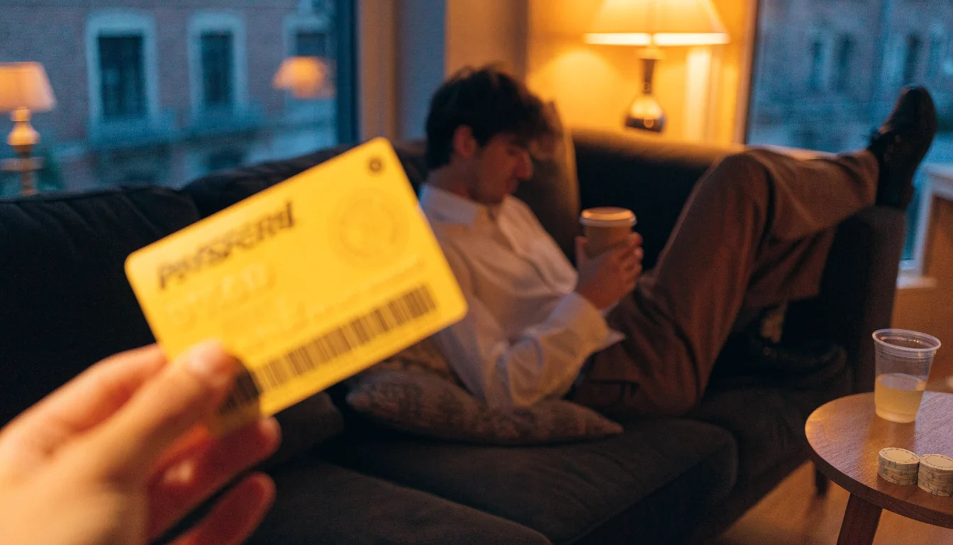 Ruka drži žuti Paysafecard bon uz toplu dnevnu sobu