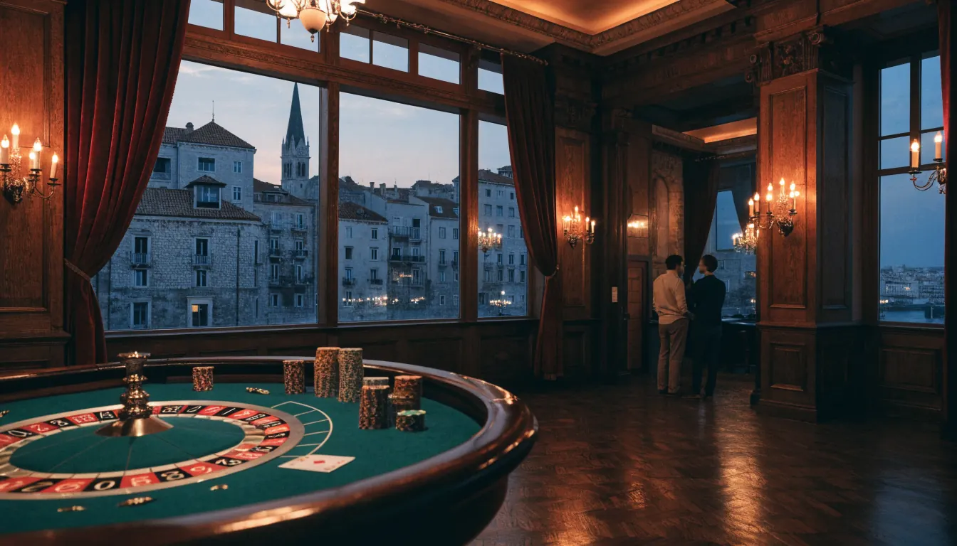 Elegantno europsko casino interijera s ruletom i ulošcima, topla zlatna rasvjeta