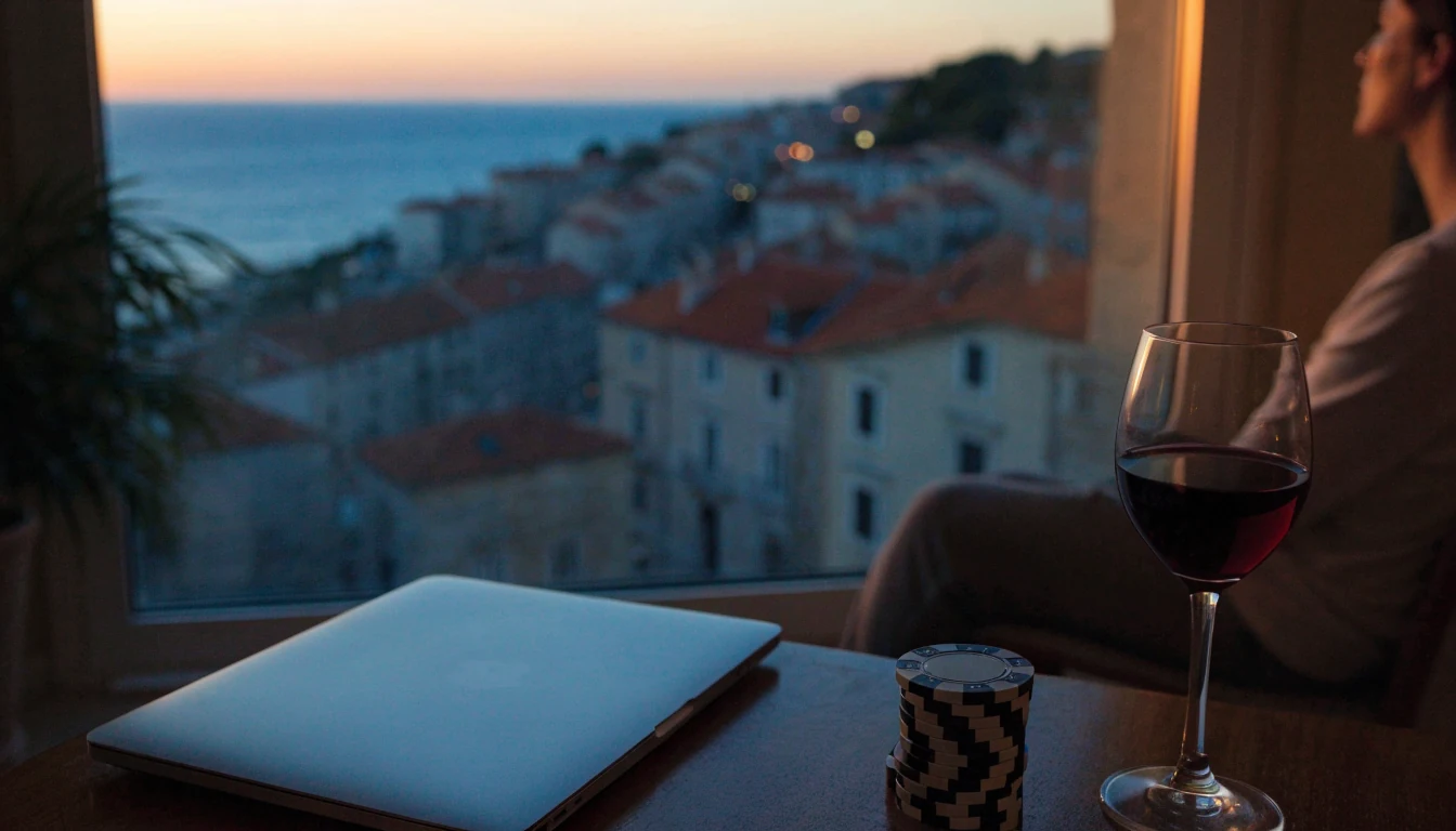 Zatvoreni laptop, žetoni za kockanje i čaša vina na stolu s pogledom na hrvatski zalazak.