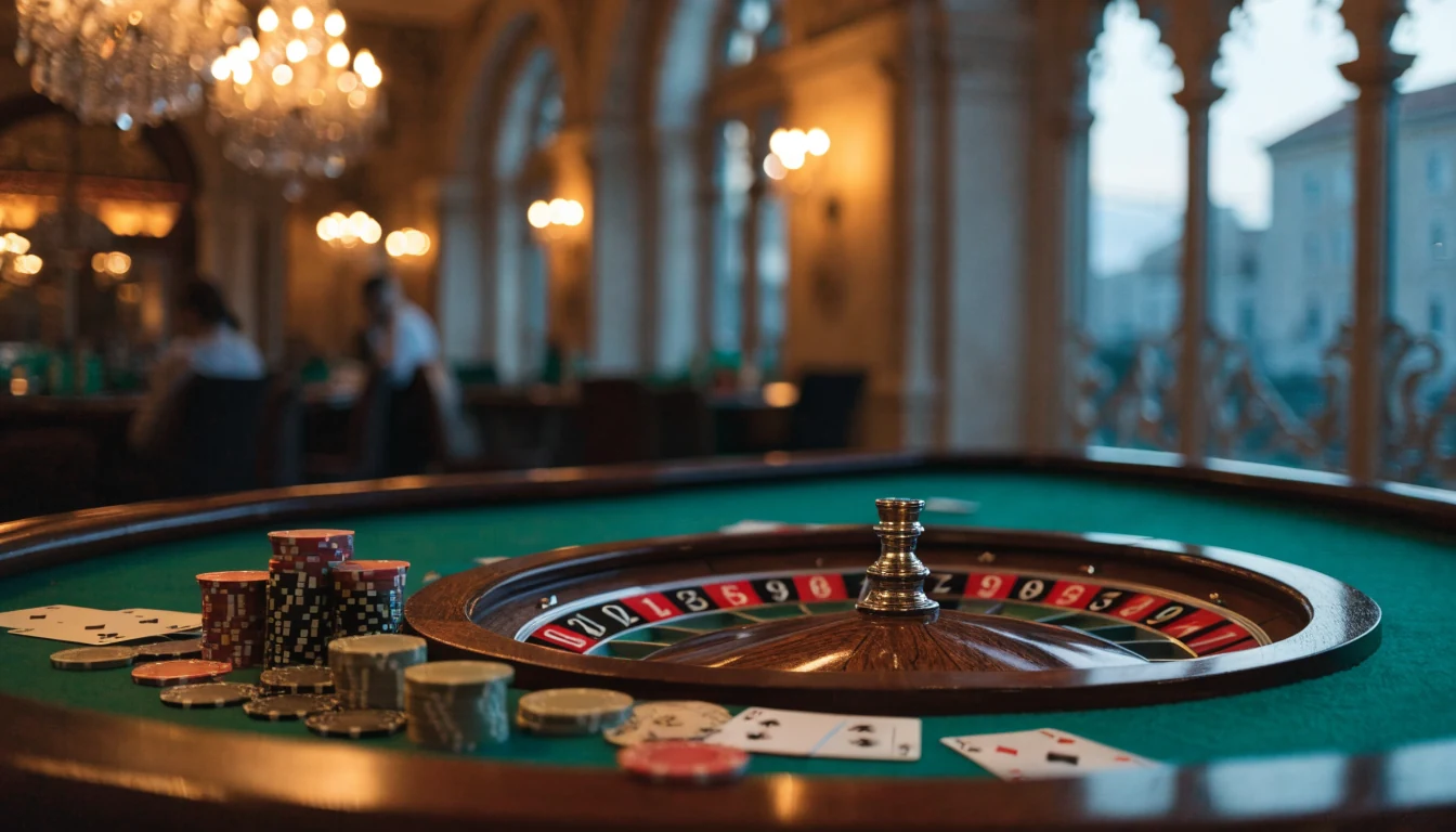 Elegantni casino stol s ruletom i žetonima u toploj večernjoj atmosferi