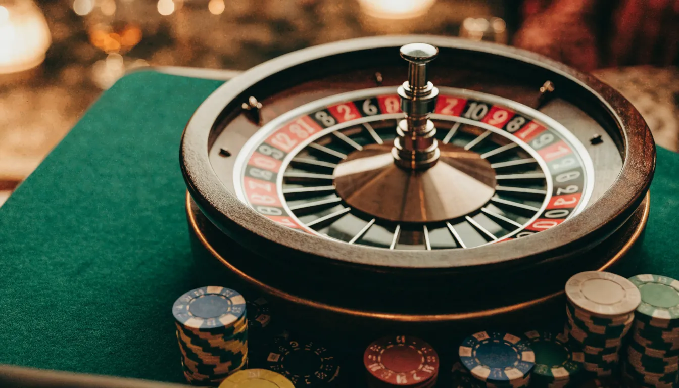 Ruletni kotač na zelenom stolu s hrpama žetona u toplom casino ambijentu