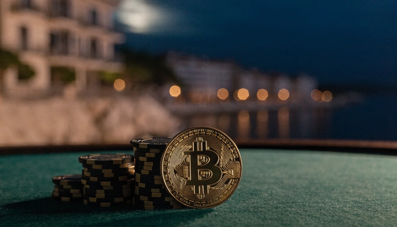 Zlatni Bitcoin kovanica uz chipove na stolu kasina uz mediteranski ambijent