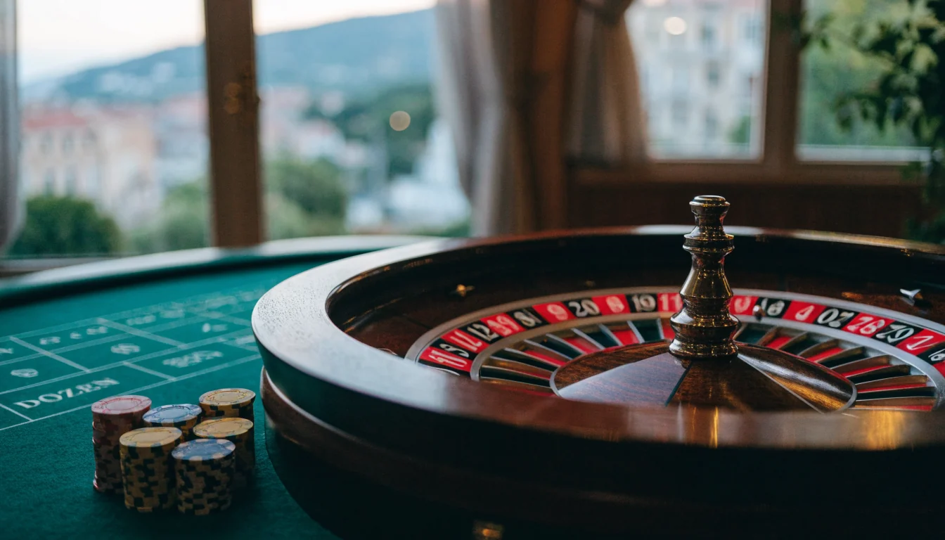 Europski kotač za rulet sa zelenim stolom i žetonima u elegantnom casinu