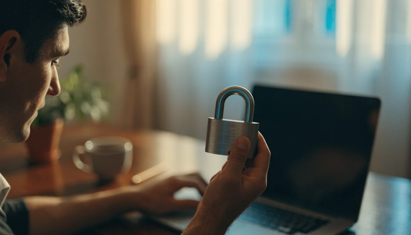 Osoba za stolom drži veliki lokot uz laptop, simbol zaštite privatnosti.